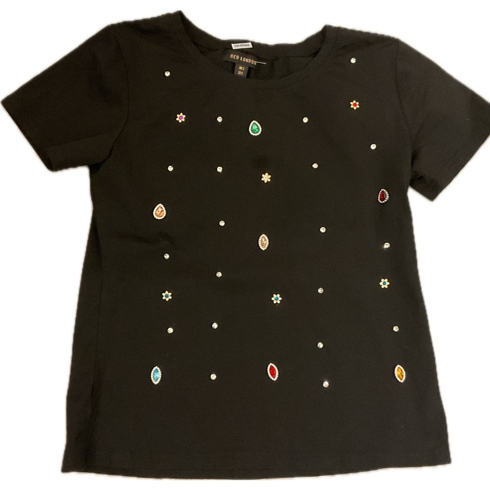 QED London Black Tee with Colorful Jewel Embellishments
